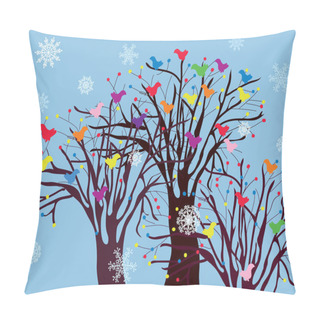 Personality  Christmas Background With Trees, Birds And Snow Pillow Covers