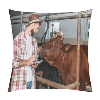 Personality  Farmer Taking Notes In Cowshed Pillow Covers