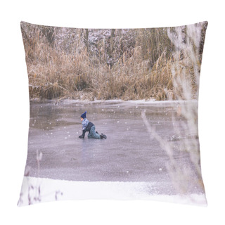 Personality  A Child On A Frozen Lake In Winter Is Risky And Life-threatening, Riedstadt, December 18th, 2022 Pillow Covers