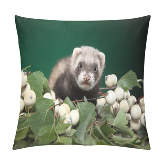 Personality  Ferret Puppy In Green Leaves On Dark-green Background Pillow Covers