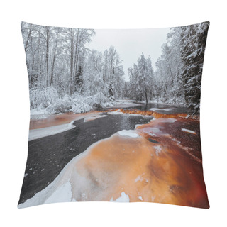 Personality  Wild Frozen Peat River In The Winter Forest, Red River, Ice, Snow-covered Deciduous Grove, Cloudy Day. Lindulovskaya Grove In The Leningrad Region Pillow Covers