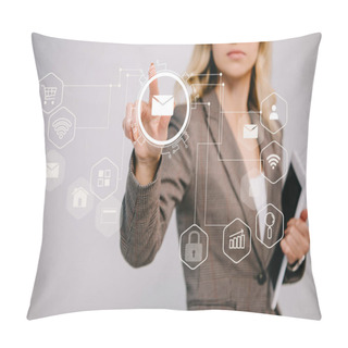 Personality  Cropped View On Businesswoman In Suit Holding Digital Tablet And Pointing At Email Marketing Icons Pillow Covers
