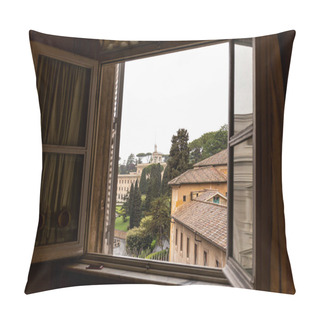 Personality  Building And Green Trees On Street Behind Open Window In Rome, Italy Pillow Covers