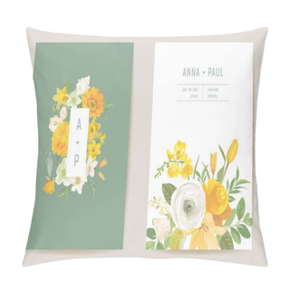 Personality  Wedding Spring Flowers Invitation Card, Floral Yellow Vector Frame. Watercolor Template Botanical Save The Date Pillow Covers
