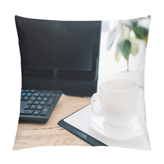 Personality  Closeup View Of Cup Of Coffee On Empty Clipboard And Computer At Wooden Table  Pillow Covers