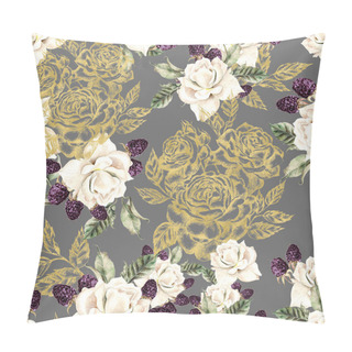 Personality  Beautiful Watercolor And Golden Graphic Seamless Pattern With Roses And Berries Flowers. Pillow Covers