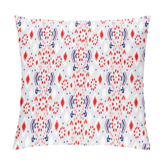 Personality  Seamless Ethnic Pattern. Ikat Geometric Folklore Ornament. National Motifs Print In Bohemian Style. Abstract Tribal Texture In Rich Red, Blue, And White. Perfect Template For Fashion Design. Pillow Covers