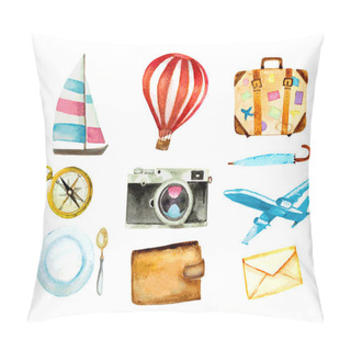 Personality  Set Of Tourism Icons. Watercolor Hand Drawn Vector Illustration. Pillow Covers