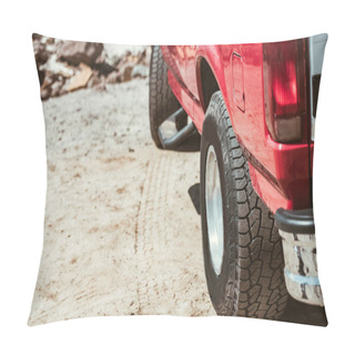 Personality  Wheels Of Red Car On Sandy Road During Trip Pillow Covers
