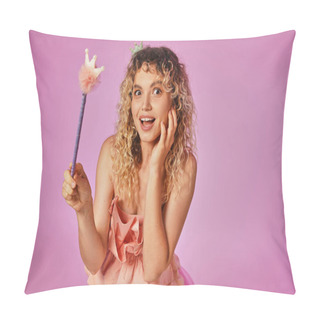 Personality  Amazed Jolly Blonde Woman In Pink Costume Of Tooth Fairy Holding Magic Wand And Looking At Camera Pillow Covers