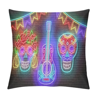 Personality  Dia De Los Muertos Greeting Card Template With Sugar Male Skull, Calavera. Day Of The Dead Postcard. Shiny Neon Poster, Flyer, Banner, Postcard, Invitation. Brick Wall. Vector 3d Illustration Pillow Covers