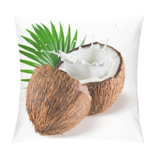 Personality  Coconuts With Milk Splash And Leaf On White Background Pillow Covers