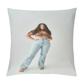 Personality  Plus Size Woman In Brown Bra And Blue Jeans With Curly Hair Posing Against Grey Background Pillow Covers