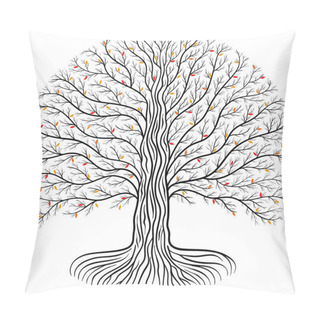 Personality  Druidic Yggdrasil Tree, Round Silhouette, Black And White Logo With Red And Yellow Autumn Leaves Pillow Covers