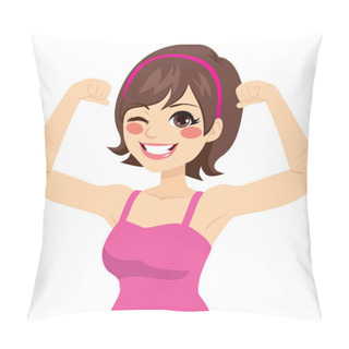 Personality  Beautiful Young Strong Powerful Woman Winking Eye And Showing Her Muscles Isolated On White Background Pillow Covers