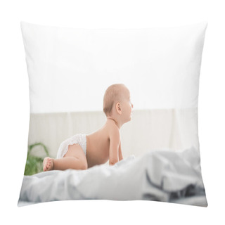 Personality  Side View Of Cute Little Child Crawling On Bed And Looking Away Pillow Covers