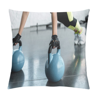 Personality  Cropped View Of Sportswoman In Weightlifting Gloves Doing Plank Exercise On Kettlebells At Sports Center Pillow Covers