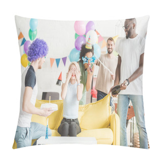 Personality  Smiling Young People Greeting Young Woman With Birthday Cake On Surprise Party Pillow Covers