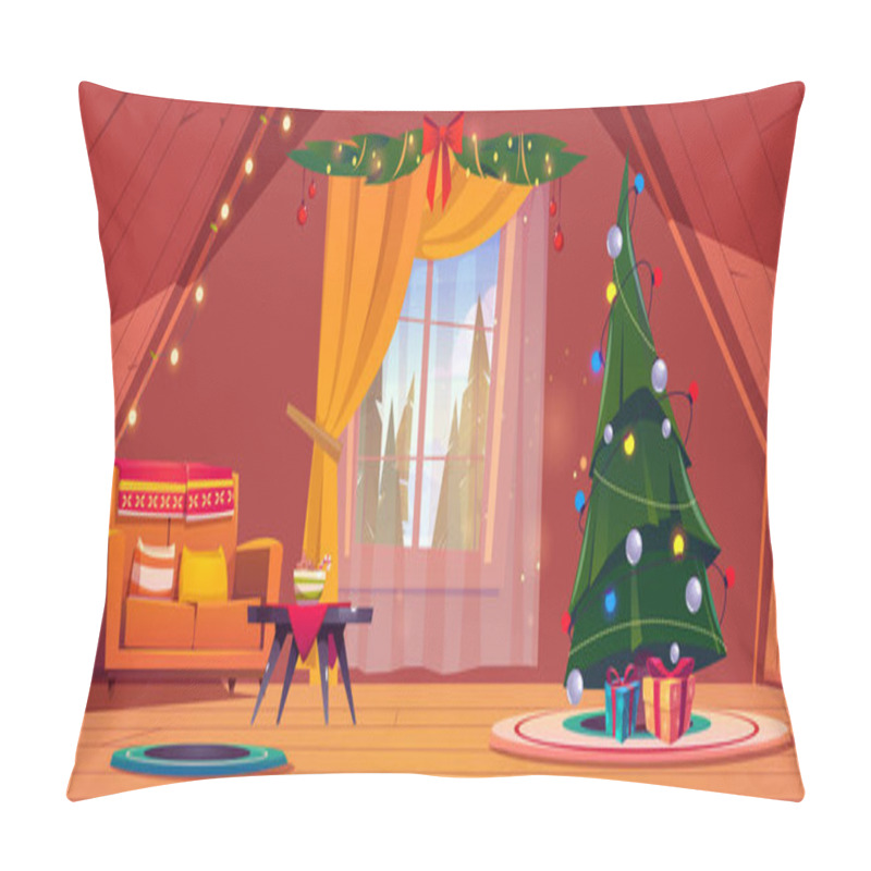 Personality  Living room with Christmas tree on house attic pillow covers