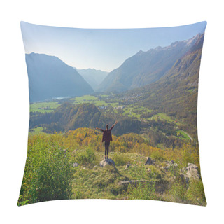 Personality  Female With Hands Up, Celebrating, Standing On The Top Of A Hill, Idyllic Alpine Village Of Bovec In Julian Alps Below, Wide Angle Image From Back, Behind, Above Pillow Covers