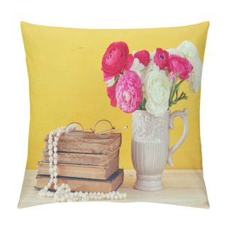 Personality  Beautiful Bouquet Of Flowers In The Vase Next To Old Books Pillow Covers