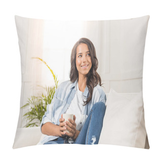 Personality  Young Woman Holding Cup  Pillow Covers