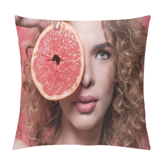 Personality  Woman Holding Piece Of Grapefruit Pillow Covers