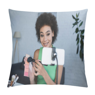 Personality  African American Blogger Holding Blush Near Blurred Smartphone At Home  Pillow Covers