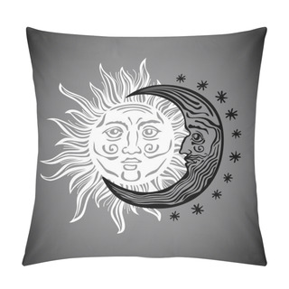 Personality  Illustration Sun Moon Star Human Faces Retro Vintage Vector Folklore Pillow Covers