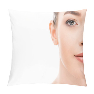 Personality  Cropped View Of Attractive Woman With Clean Skin, Isolated On White Pillow Covers