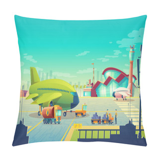 Personality  Vector Cartoon Airport Landscape, Airliner On Runway Pillow Covers