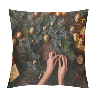Personality  Cropped Image Of Woman Making Christmas Decoration At Wooden Table Pillow Covers