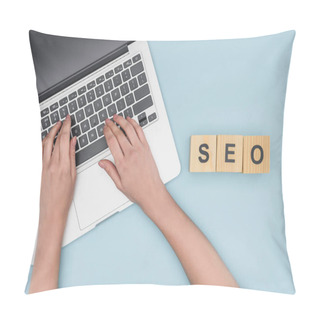 Personality  Top View Of Woman Typing On Laptop Keyboard On Light Blue Background  Pillow Covers