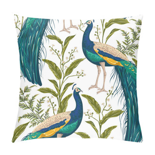 Personality  Seamless Pattern With Peacock, Flowers And Leaves. Vintage Hand Drawn Vector Illustration In Watercolor Style Pillow Covers