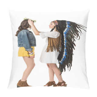 Personality  Side View Of Girl In Indian Headdress Putting Wreath On Friend Isolated On White Pillow Covers