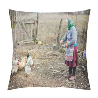 Personality  The Elderly Peasant Woman Feeds Hens On The Courtyard. Pillow Covers