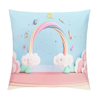 Personality  Stage Kids Cute Sweet Dreams Podium Pink Blue Playground Concept Creative Imagination With Rainbow Spaceship Sun Saturn Cloud Mountain Sky. Performances Shows Festival Fun Child Room. 3D Illustration. Pillow Covers