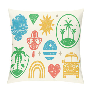 Personality  Summer Symbols And Objects Set Vector Illustration. Tropical Island With Palm Trees And Umbrellas And Passenger Car. Abstract Symbols Of Rainbow And Heart. Diamond With Heart. Vector Flat Set Pillow Covers