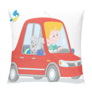Personality  Little Boy And His Merry Grey Pup Driving A Beautiful Red Toy Car, Vector Cartoon Illustration Isolated On A White Background Pillow Covers