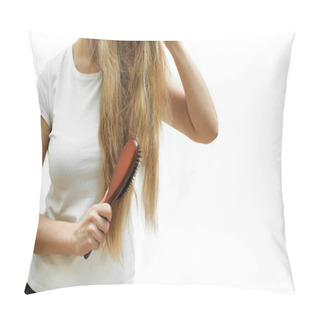 Personality  A Girl With Long Blonde Hair Combs Them With A Comb. The Problem Of Alopecia And Hair Loss, Long Hair Care. High Quality Photo Pillow Covers