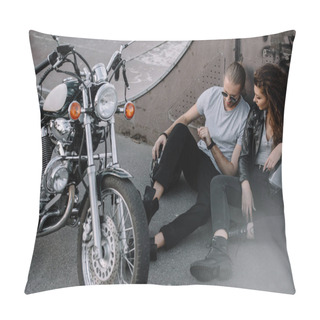 Personality  Girlfriend And Boyfriend Sitting On Asphalt With Classical Chopper Motorcycle Pillow Covers