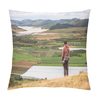 Personality  Back View Of Man Looking At Beautiful Landscape With Agricultural Fields And Mountains, Vietnam, Dalat Region Pillow Covers