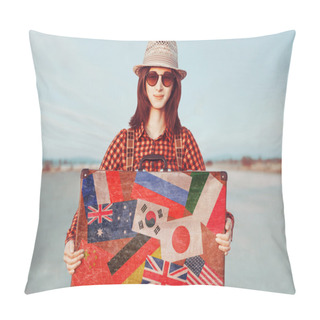 Personality  Smiling Traveler Woman Holding Suitcase Pillow Covers