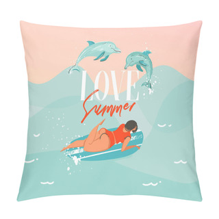 Personality  Hand Drawn Vector Stock Abstract Graphic Illustration With A Swimsuit Swimming Surfing Woman With A Jumping Dolphins Isolated On Blue Ocean Wave Background Pillow Covers