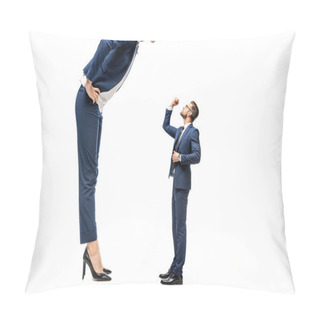 Personality  Small Businessman Showing Clenched Fist At Big Businesswoman Isolated On White Pillow Covers