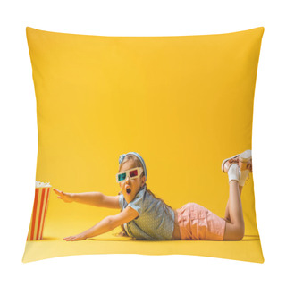 Personality  Surprised Girl In 3d Glasses Lying And Reaching Popcorn Bucket On Yellow  Pillow Covers