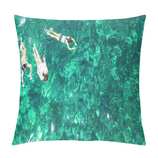 Personality  Aerial Top View Of Family Snorkeling From Above, Mother And Kids Snorkelers Swimming In A Clear Tropical Sea Water With Corals During Summer Vacation In Thailand Pillow Covers