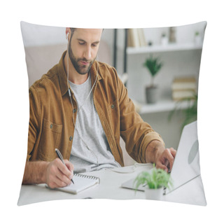 Personality  Handsome Man Listening Music, Writing In Notebook And Using Laptop  Pillow Covers