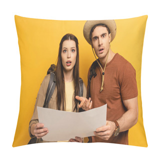 Personality  Couple Of Confused Tourists With Backpacks Looking At Map  On Yellow Pillow Covers