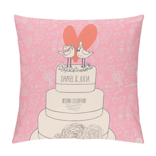 Personality  Stylish Wedding Invitation. Romantic Birds On The Cake. Save The Date Concept Illustration. Sentimental Vector Card In Pastel Colors Pillow Covers